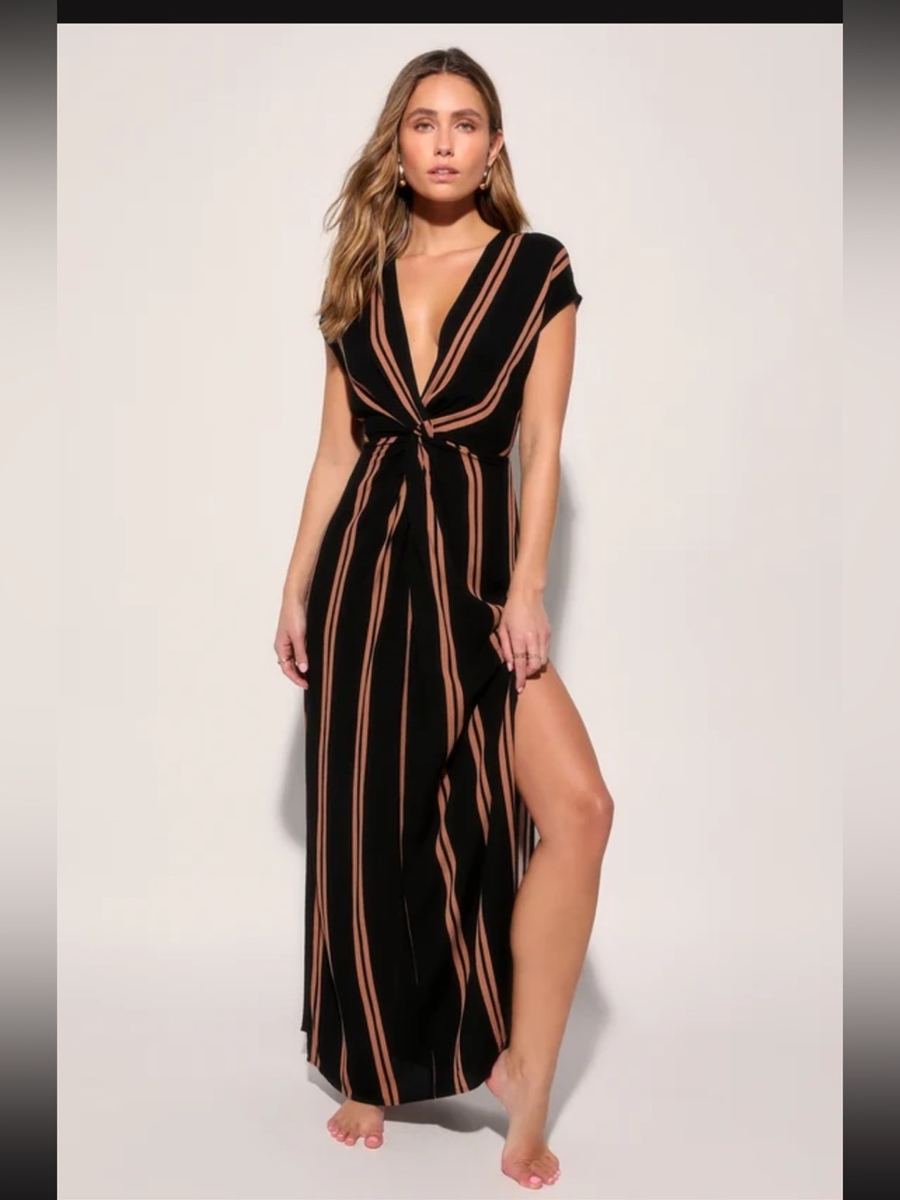Women’s Black and Tan Striped Maxi Dress - Deep V Knot Front